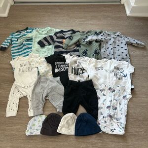 20 pieces 0-3 month, 3 month baby boy lot of sleepers, beanies, onesies, pants